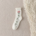 Calcetines suaves de forro polar coral blanco con patrón de tulipa rosa para invierno - Flor Rosa de Tallo Largo