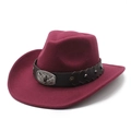Close-up of burgundy wool cowboy hat with vintage silver bull head and star metal emblems - M(56-58cm) / Burgundy
