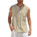 Detailed view of men's sleeveless linen shirt with lace-up V-neck and chest pocket - 2XL / Khaki