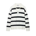 Maglione a righe bianche e nere da donna con scollo a V stile polo e maniche lunghe - S / Strisce Bianche e Nere