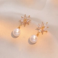 Elegant champagne zircon flower earrings with round white pearl drop for women - Champagne Flower Pearl Style (E0466)