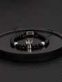 Close-up of black agate beaded bracelet with silver crown charm and adjustable woven cord - Steel Color Crown With Black Stone Bracelet