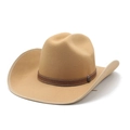 Detail of western cowboy hat with brown leather band and metallic ornament on khaki felt - M(56-58cm) / Camel