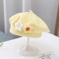 Soft pale yellow knit baby beret featuring delicate crochet floral accents on the side - Double Flower Knit Beret / Yellow