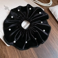 Elegant black velvet scrunchie with white pearls for hair, French vintage design - Black (27# Scrunchie-Black)
