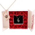 Rose gold heart projection necklace in white gift box with sixteen red soap roses - Rose Gold Heart Necklace and Rose Gift Box