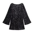 Dettaglio ravvicinato di un abito nero con paillettes, scollo rotondo e maniche lunghe - XS / Nero