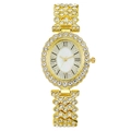 Elegant gold-tone women's watch with rhinestone-encrusted oval case and metal link strap - Gold