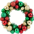 Kerstkrans met rode, groene en gouden ballen op glitterbasis, witte achtergrond - Rood Groen Goud