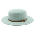 Détail d'un chapeau de paille vert menthe avec bande en cuir marron et boucle dorée - M (56-58cm) / Vert menthe