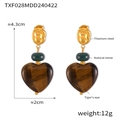 British style tiger-eye heart earrings in titanium steel with gold and green accents - Gold Tiger's Eye Heart Earrings (TXF028)