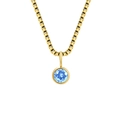Golden box chain necklace featuring a round light blue rhinestone birthstone pendant - March Light Blue - Gold