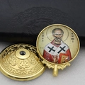 Macro detail of golden Saint Nicholas metal lid and ornate base for religious decor - Gold-10 (St. Nicholas Cover)