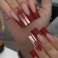 French tip Christmas press-on nails with red glitter and festive bow tie design - Glue Type / Red Glitter French Bowknot Style (SGCY-633)