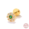 Macro shot of 925 silver flower stud earring with green gemstone and internal threading - Single Gold-Green Zircon Flower