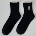 Japanese style black cotton crew socks with rabbit embroidery and beige wavy cuffs - One Size / Black
