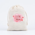 Beige drawstring cotton gift bag with red I LOVE MOM print and heart graphics - I LOVE MOM / 10*15cm