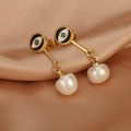 Close-up of 18K gold earrings with evil eye enamel and freshwater pearls on silk - ER1471-A Evil Eye Baroque Pearl