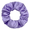 Detail of lavender purple satin scrunchie showing glossy fabric texture and pleats - Purple