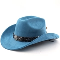 Vintage blue suede cowboy hat with wide brim and decorative lion emblem band - M (56-58cm) / Lake Blue