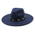 Classic navy blue wool fedora hat with a wide brim and studded leather band - M (56-58cm) / Navy Blue