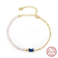 Bracelet en perles d'eau douce baroques et argent S925 avec une pierre bleue - Patchwork de Gemmes Bleues (GPB24-Or)