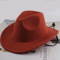 Brick red wool felt fedora cowboy hat with adjustable black chin strap on magazines - Plain Style / Brick Red