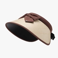 Beige wide brim straw sun visor for women with large brown bow and adjustable back strap - Adjustable / Coffee