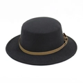 Flat top black wool fedora hat featuring a brown leather belt with a metal buckle detail - Adult 58cm One Size / Dark Gray