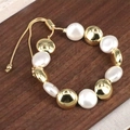 Bracciale di perle intrecciate con perline dorate e catena a serpente regolabile - Stile 1-Mix di Perline Dorate e Perle