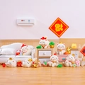 Set of 7 white fortune cat miniatures with gold coins and festive red decorations - 1040-263 Set of 7 Lucky Cats