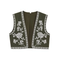 Nahaufnahme der olivgrünen Weste mit feiner weißer Blumenstickerei und hochwertiger Textur - XS / Dunkelgrün