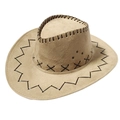Chapeau de cowboy classique en similicuir beige avec coutures noires et œillets - Taille Adulte (Circonférence 58cm) / Chameau
