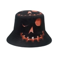 Close-up of black bucket hat featuring a vibrant Halloween Jack-o'-lantern pumpkin face - M(56-58cm) / Halloween Jack-o'-lantern Style (G)