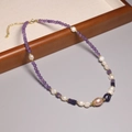 Choker necklace with purple amethyst beads and natural pearls with golden metal accents - XL0054 Amethyst Beads with Pearl Pendant