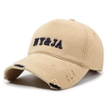 Vintage khaki baseball cap with navy blue NY&JA embroidery and distressed brim detail - Deep Beige