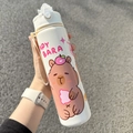 White Capybara straw water bottle with a portable handle and cute cartoon graphic - White-Apple