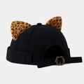 Detail of black miki hat featuring leopard print cat ears and adjustable metal buckle - Adjustable / Black