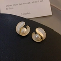 Vintage style gold spiral earrings with elegant cream pearls on a black leather surface - 42# S925 Silver Pin Curled Geometric Pearl Studs