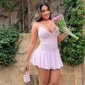 Mini abito sexy rosa cipria con scollo a V, spalline sottili e vita arricciata - S / Rosa
