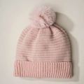 Pink knit beanie with faux fur pompom and ribbed cuff for autumn and winter warmth - Pink