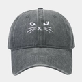 Detail shot of white cat embroidery on dark grey washed cotton baseball cap texture - Adjustable / Gray