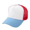 Detail of tricolor trucker hat with blue brim, white front, and red breathable mesh back - Adjustable / Light Blue/White