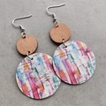 Artistic cork earrings with colorful painted patterns and round geometric wood shapes - Multicolor Patchwork Graffiti