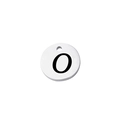 Close-up of polished stainless steel round charm with engraved black letter O detail - Letter O