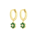 Elegant gold hoop earrings with green zircon flower charms on a clean white background - Gold with Green Flower Drop Earring