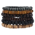 Detail of six handcrafted wooden beaded bracelets in various brown and charcoal gray tones - Dark Gray Brown Flat Bead Set (03)