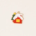 Christmas small red house and green tree drip oil charm in stainless steel metal - Christmas Snow House