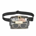 Waterproof clear PVC belt bag with black strap and gold zippers showing storage - Transparent With Black Strap