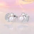 Elegant silver star and crescent moon stud earrings with zircon and white pearl - Platinum Star Moon Pearl Stud Earrings (C124)